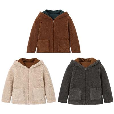 Kids Velvet Hooded Coat Zipper Closure Solid Color Warm Plush Jacket