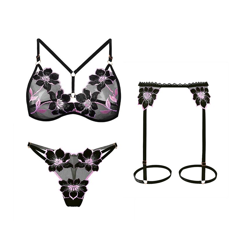 Erotic Lingerie Hot See-Through Embroidered Bra Female Large Size Passionate Temptation Sexy Panties Garter Three-Piece Suit