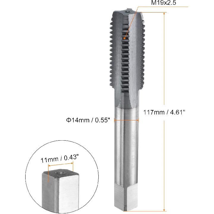 HARFINGTON M19x2.5 Metric Thread Tap 6542 Cobalt High-Speed Steel TiCN Coated Plug Tap Right Hand Straight Flutes Screw Threading Hand Tap