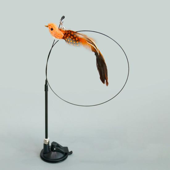 Cat Teaser Wand with Cup Base Bell Suction Long Wand Flexible Bendable Relieve Boredom Simulation Bird Interactive Feather Cat