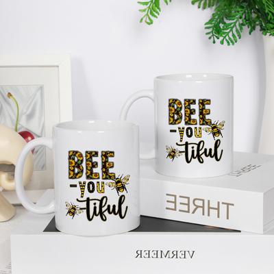 11oz Cute Golden Sunflower Bee Honey Letter Love Pattern Milk Coffee Juice Ceramic Sublimation Mug Suitable For Gifts