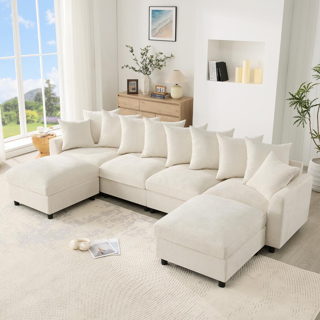 Modular U-/L-Shaped Sofa, 6-Seater, 2 Movable Footstools; USB/Type-C Charging; 8 Adjustable Cushions + 2 Decorative Cushions; Waffle Chenille, Beige