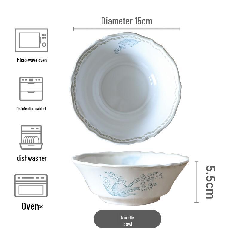 French Retro Lily of the Valley Tableware Set: Ceramic Dinner Plates, Rice Bowls, Steamed Fish Plates, and Household Dish Set.