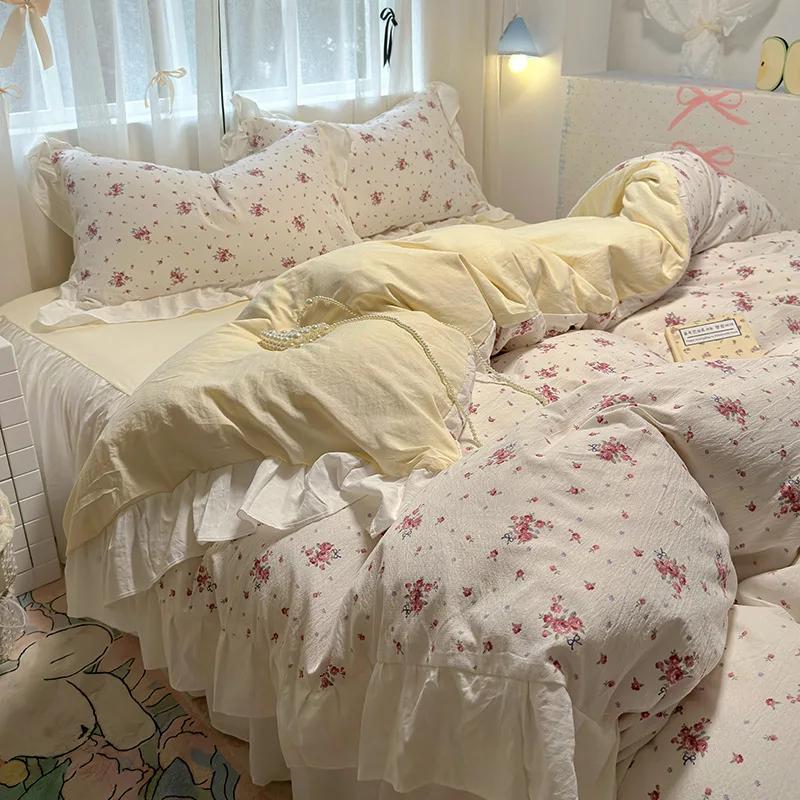 1.5/1.8 Korean Style 100% Cotton Fitted Sheet Sets with Lace Flower Print Bedding Set for Seasons Home Bedclothes for Adult Kids