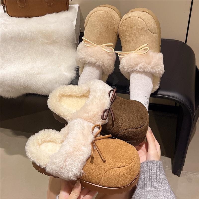 Retro Heightening Shoes Women's Autumn and Winter Outer Wear 2025 New Velvet Warm Bow Bag Head Half Drag Wool Cotton Slippers