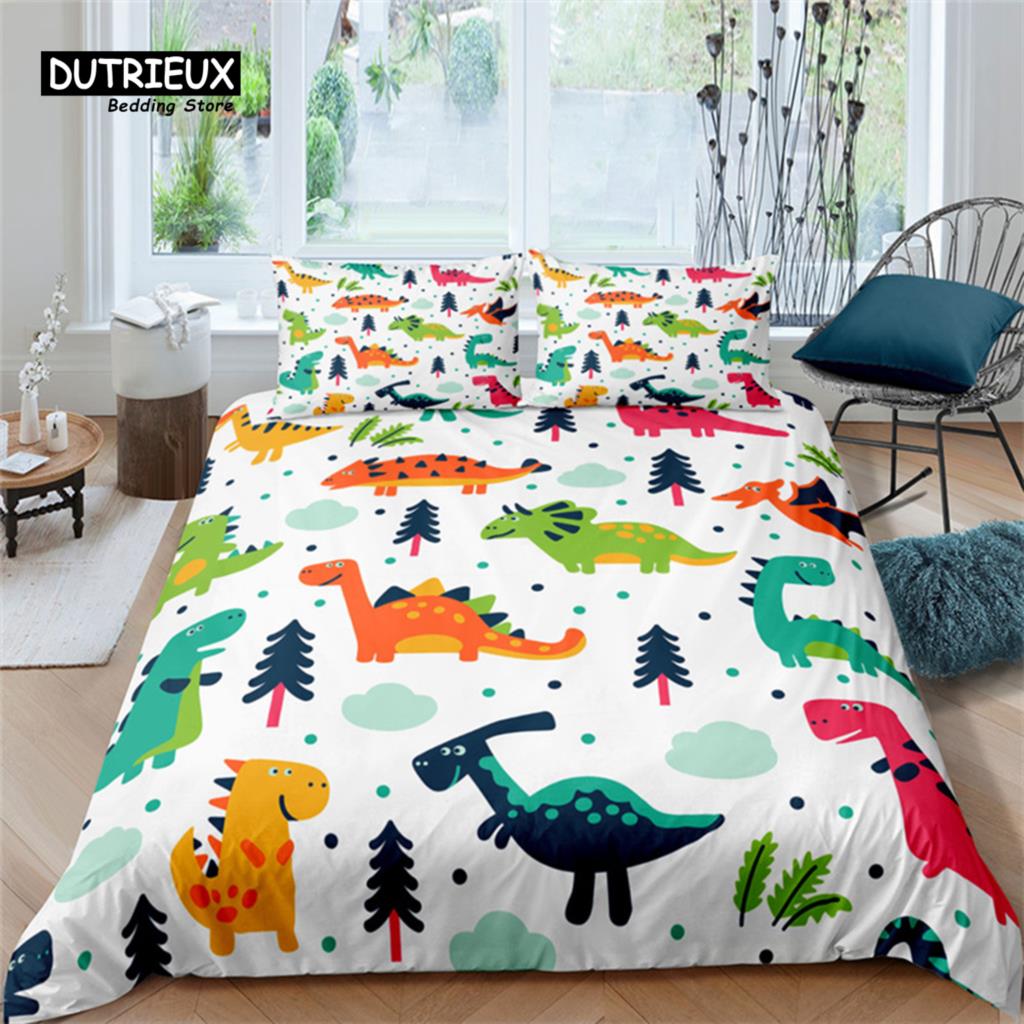Cartoon Dinosaur Toddler Bedding Set Cartoon Animals Duvet Cover Microfiber Quilt Cover With Pillowcases For Kids Boys Girl Teen