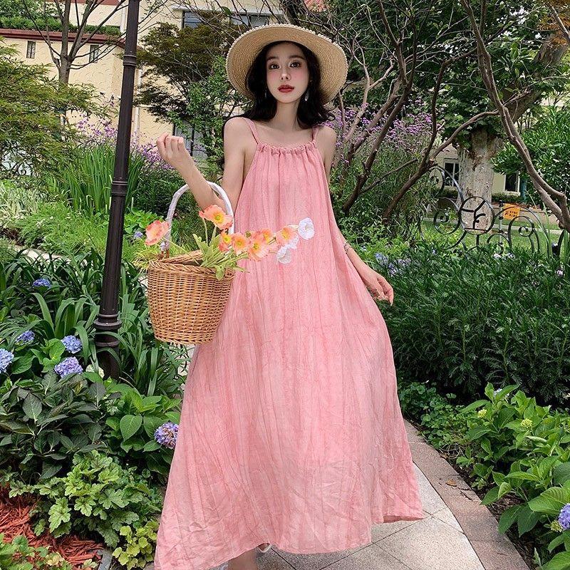 Pink suspender long dress women's summer new seaside vacation beach dress neck design niche skirt