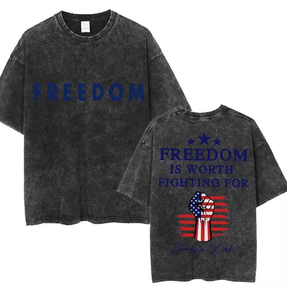 Justice for Charlie Kirk Freedom Washed T Shirts Fashion Men Women Vintage T Shirts Oversized 100 Cotton Casual Tees Streetwear