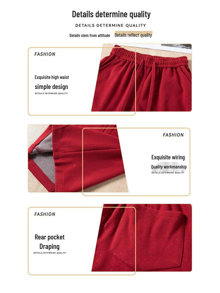 Spring 2026 Red Rhinestone Wide-Leg High-Waist Sweatpants for Women