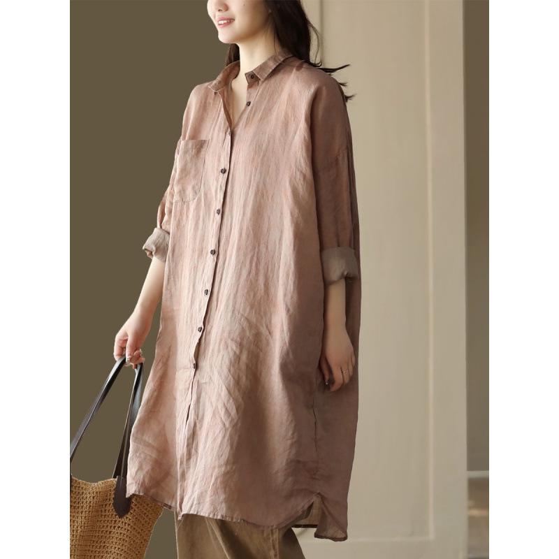 2026 Spring Women's Retro Cotton Linen Dark Pattern Mid-Length Cardigan Shirt