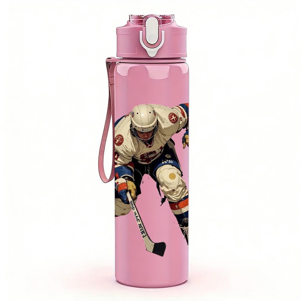 1PC Ice Hockey Athlete Cartoon Print 750ml Color Plastic Sports Water Bottle Leakproof Flip Straw Lid Suitable for Sports Office Home Use
