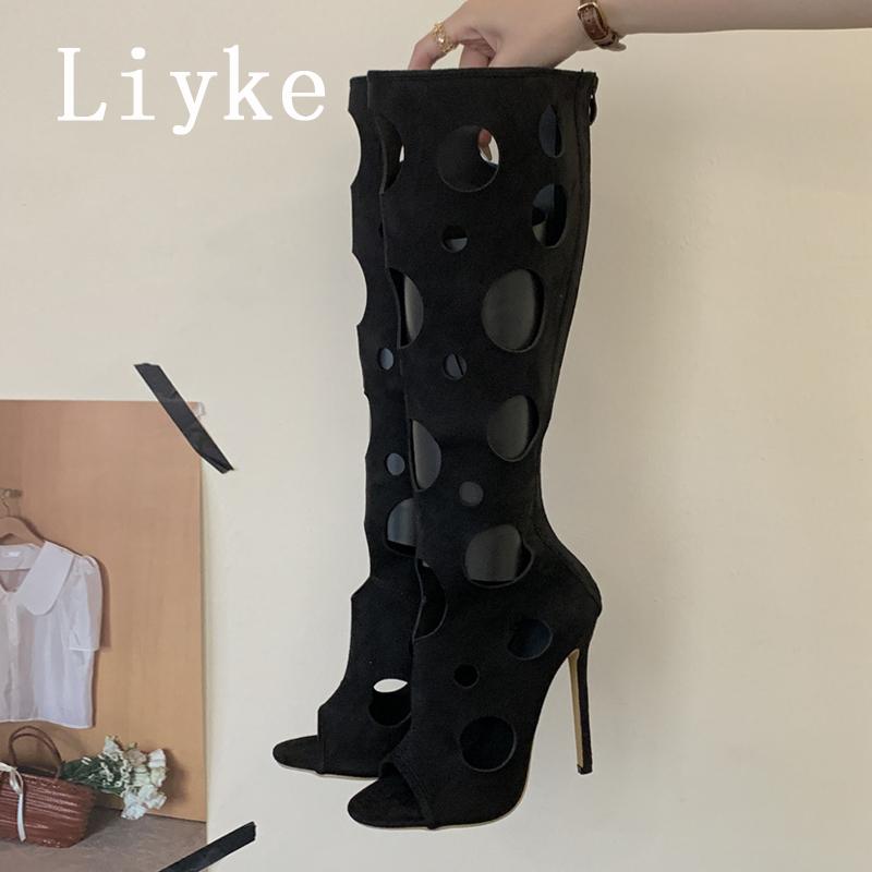 Fashion Liyke Summer Roman Style Hollow Out Long Boots Sandal Women Fashion Peep Toe Zip Stiletto Heels Knee High Shoes Female Sandalias