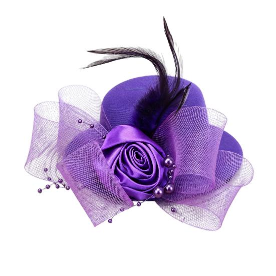 Retro Pillbox Hat Elegant Rose Hat with Feathers Mesh Bow фиолетовый