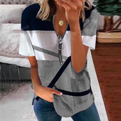 Camiseta de Moda para Mujer Verano Nuevo Estilo Cremallera Estampado Suelta Suave Manga Corta