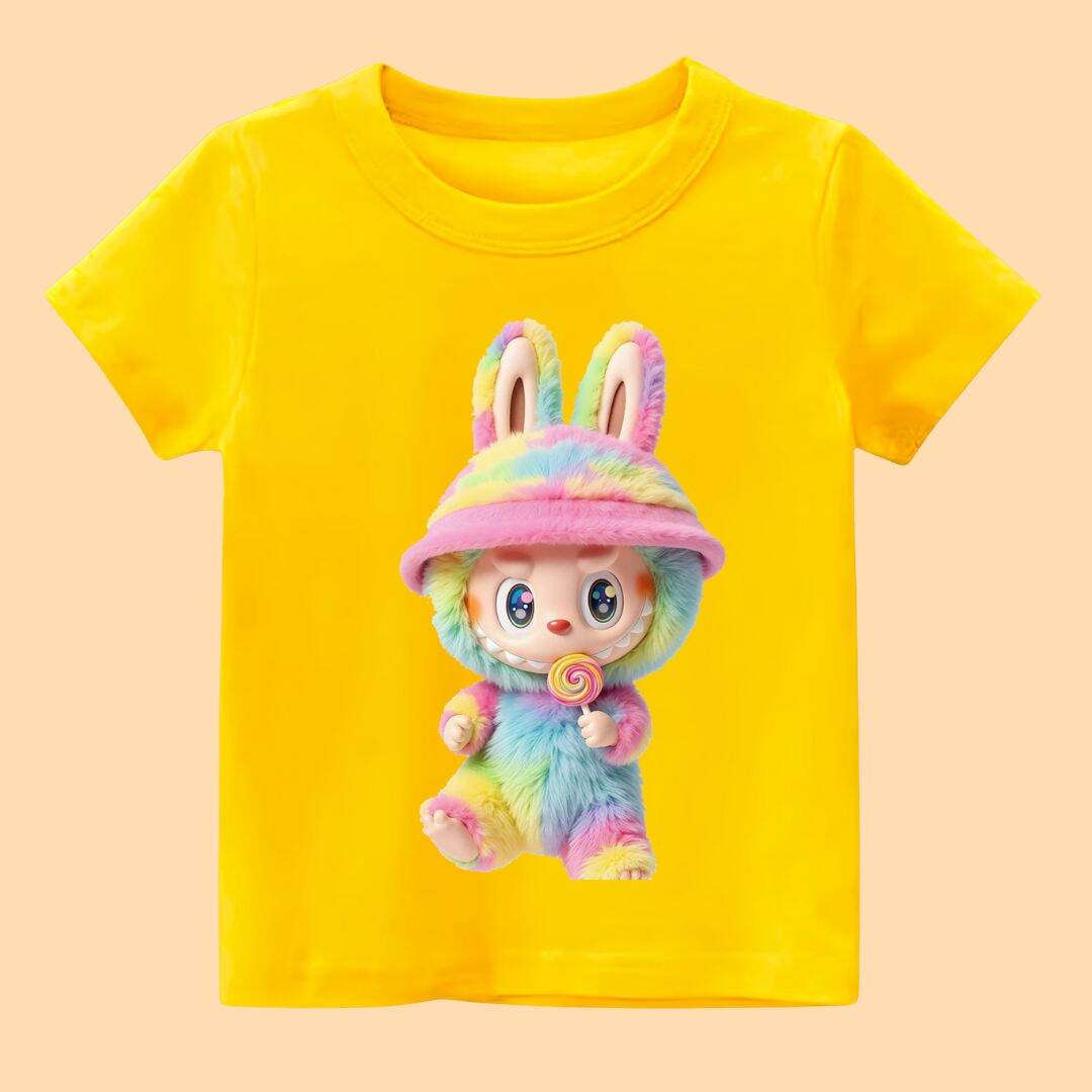 

2025 Popular Children s T-shirt LABUBU Eating Lollipop Print Cartoon Style Round Neck Short Sleeved Cute Girl s Top 110
