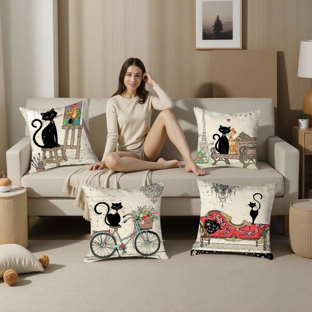 Cartoon Little Black Cat Cute Pillow Case Home Double-sided Printing Short Plush Colorfast Microfiber Cushion Cover