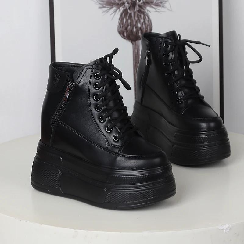 13CM Microfiber Genuine Leather Vulcanize Summer High  Comfy Spring Autumn Platform Women Chunky Sneaker Loafer Shoes