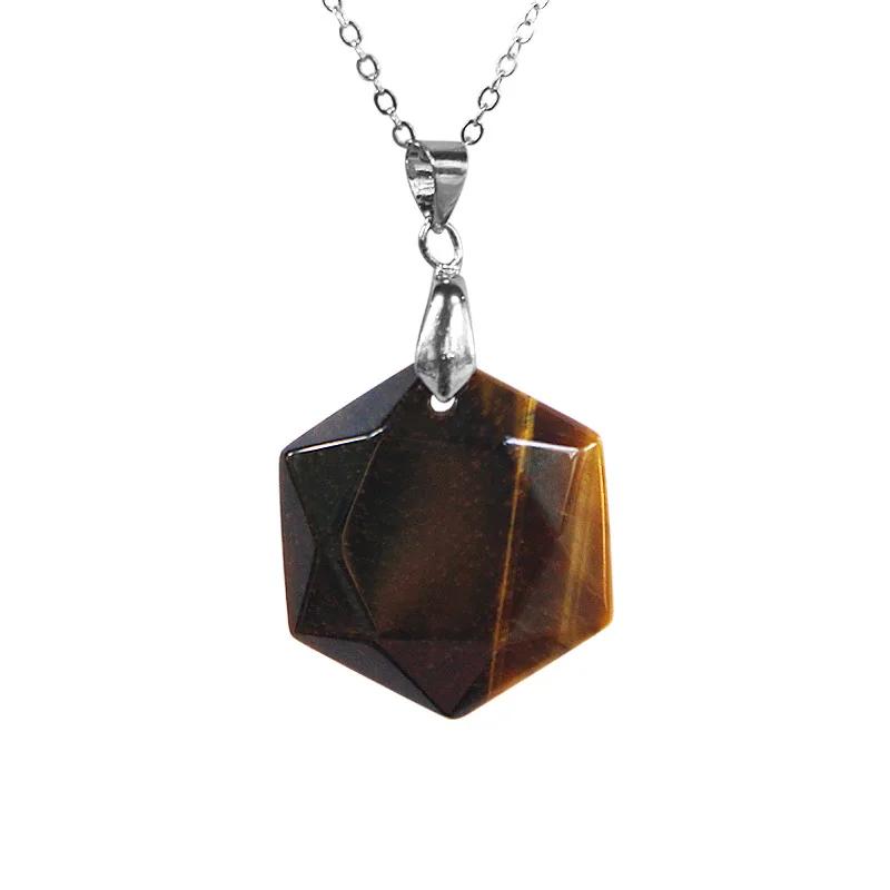 1pc Natural Hexagram Stone Pendant Quartz Hexagon Faceted Rose Quartz Necklace Jewelry for Men Women