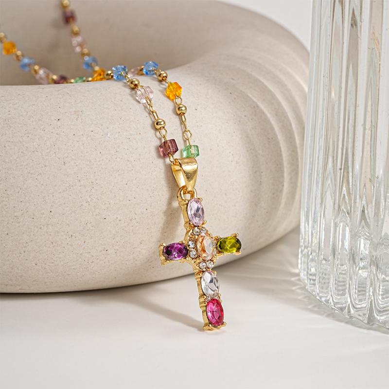 Y2K Colorful Zircon Cross Pendant Necklace for Women Fashion Candy Color Beads Crystal Chain Necklace Luxury Wedding Jewelry