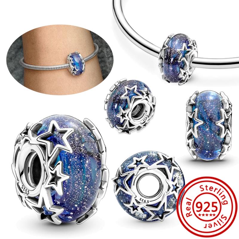 925 Sterling Copper Blue Glass Zircon Series Sparkling Pendant Simple Classic Beads Fit Original Pantaro Charms Bracelet Zircon