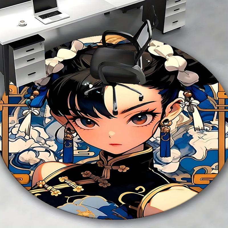1pc Anime Design Round Carpet Traditional Chinese Style Chair Mat for Office, Home Decor, Living Room, Bedroom