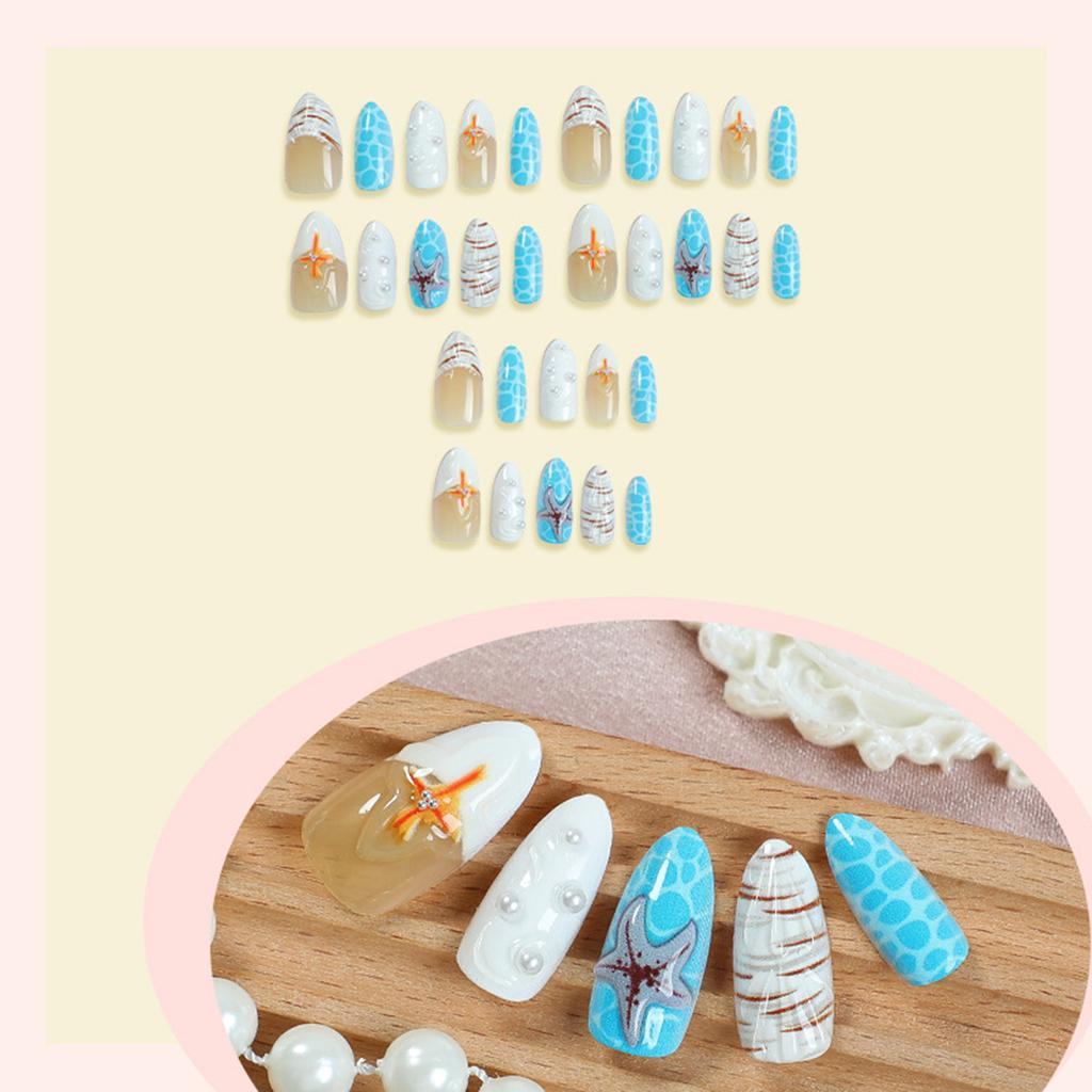 30PCS Ocean Theme Blue Long Press On Nails with Not Easy Break or Split Design for Daily and Parties Wearing