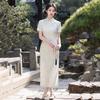 Womens Modern Chinese-Inspired Long Cheongsam Dress With Double Placket Stand Collar Short Sleeve 2026