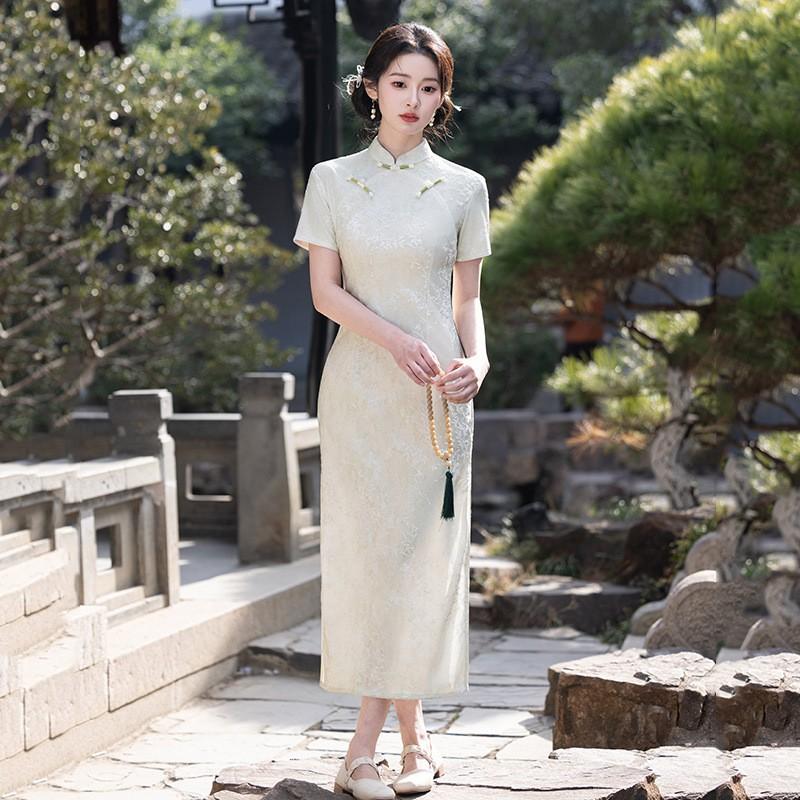 Womens Modern Chinese-Inspired Long Cheongsam Dress With Double Placket Stand Collar Short Sleeve 2026