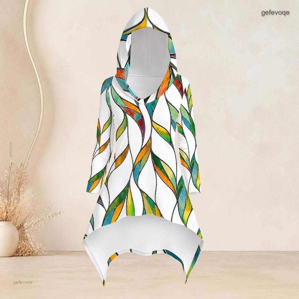 Women Plus Size Two Piece Set Hooded Long Sleeve High Low Top Tropical Leaf Printed Fitted Pants