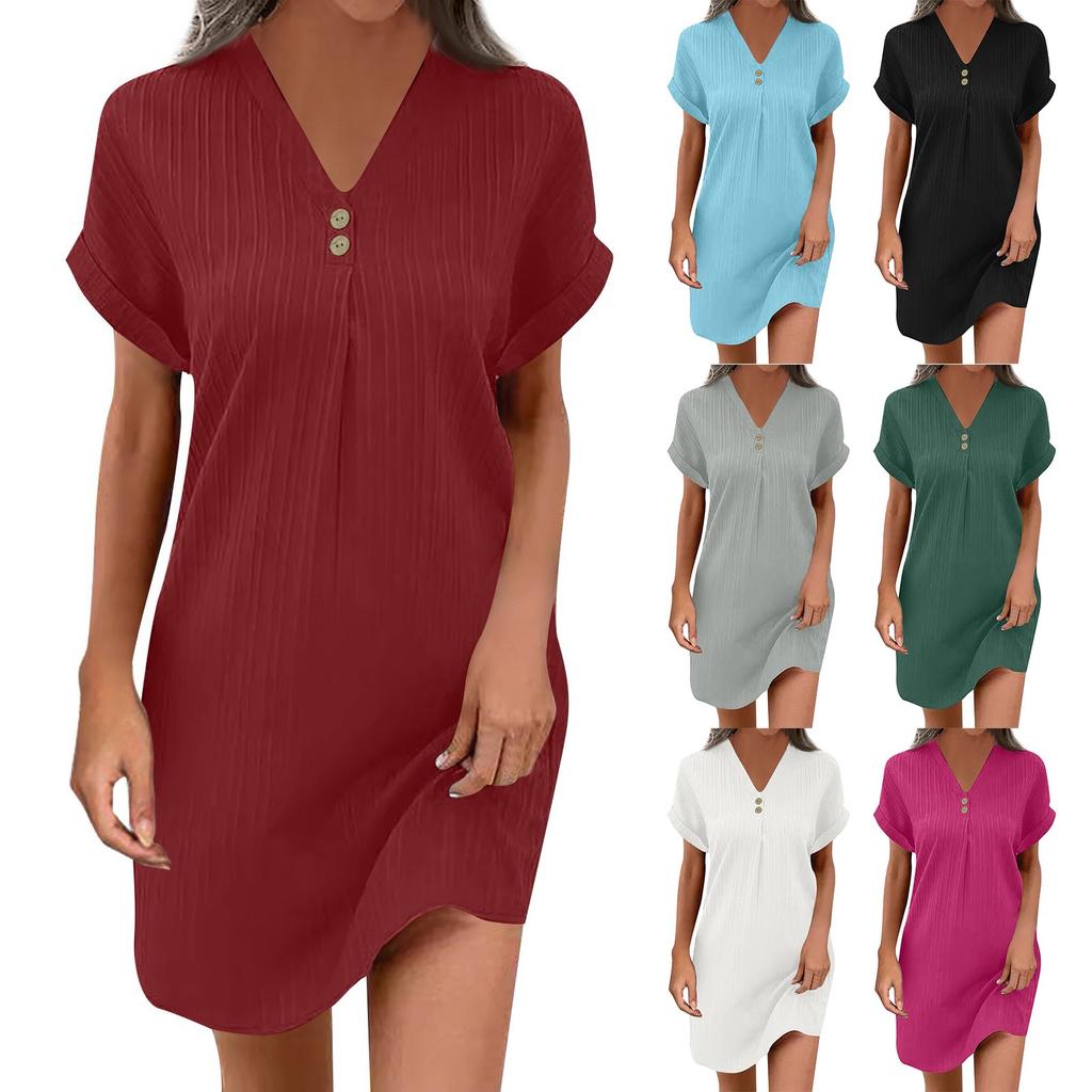 Women's Summer New Short Sleeve V-neck Color Pullover Comfortable Casual Button Dress
