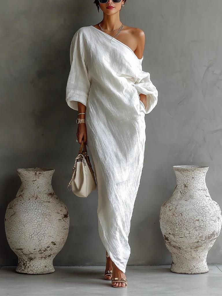 Spring/Summer 2026 Europe High-end Women's Long Sleeve Off-the-Shoulder Mid-Waist Pullover Dress