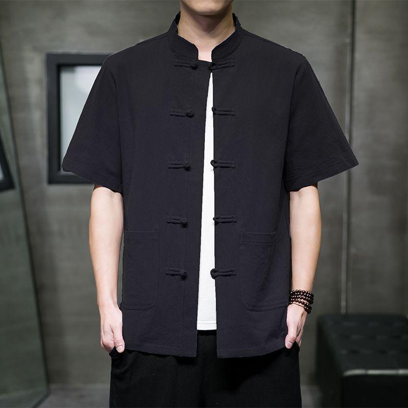 Men's Short-Sleeve Linen Shirt, Chinese Style Stand-Up Collar Tang Suit