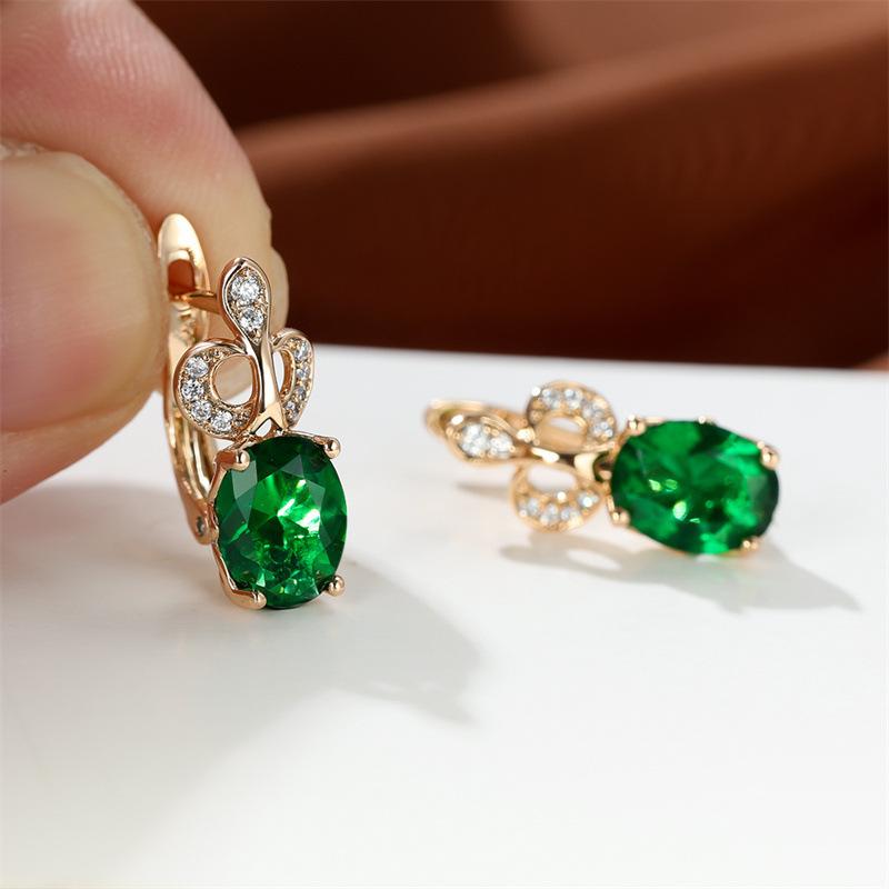 

Oval Color Diamond Zircon Plated Champagne Gold Ear Buckle Wedding Earrings Women зелёный