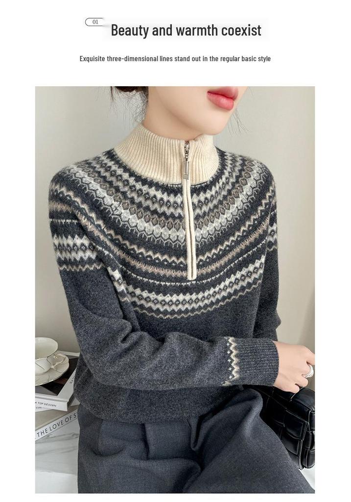 Women's Retro Fair Isle Stand Collar Wool Sweater - Loose Fit, 100% Wool, Plus Size Knitwear Outerwear