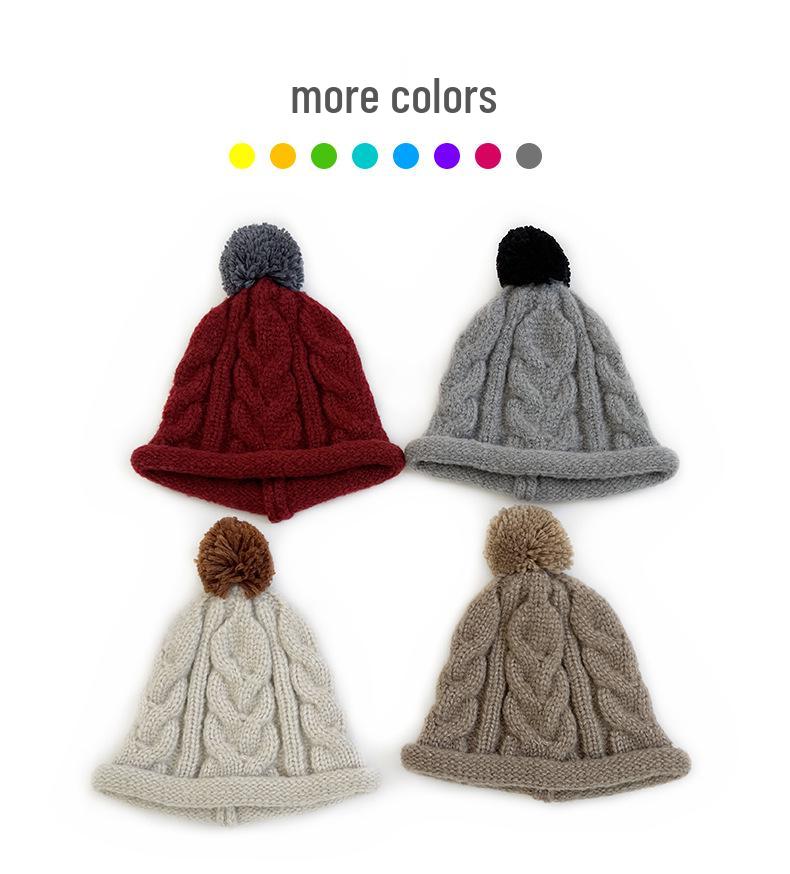 Cat Brother Unisex Korean Style Color Block Pom-Pom Knit Beanie - Warm Wool Hat for Kids, Autumn/Winter