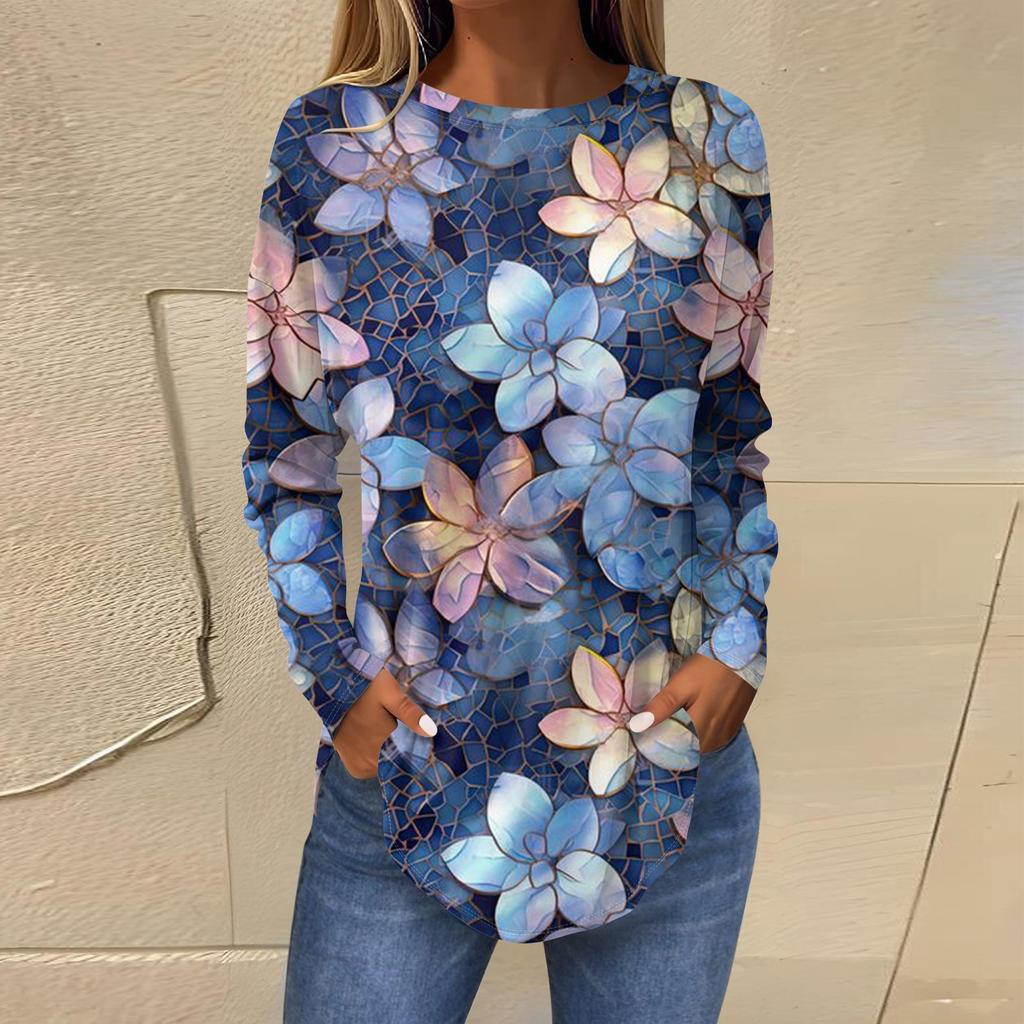 Tee Shirts For Women Fall Casual Long Sleeve Shirts Sweatshirt Retro Printing Top Pullover