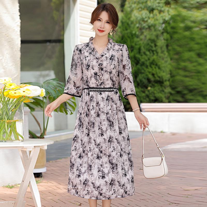 Elegant Summer Mid-Sleeve Dress for Middle-Aged & Elderly Women