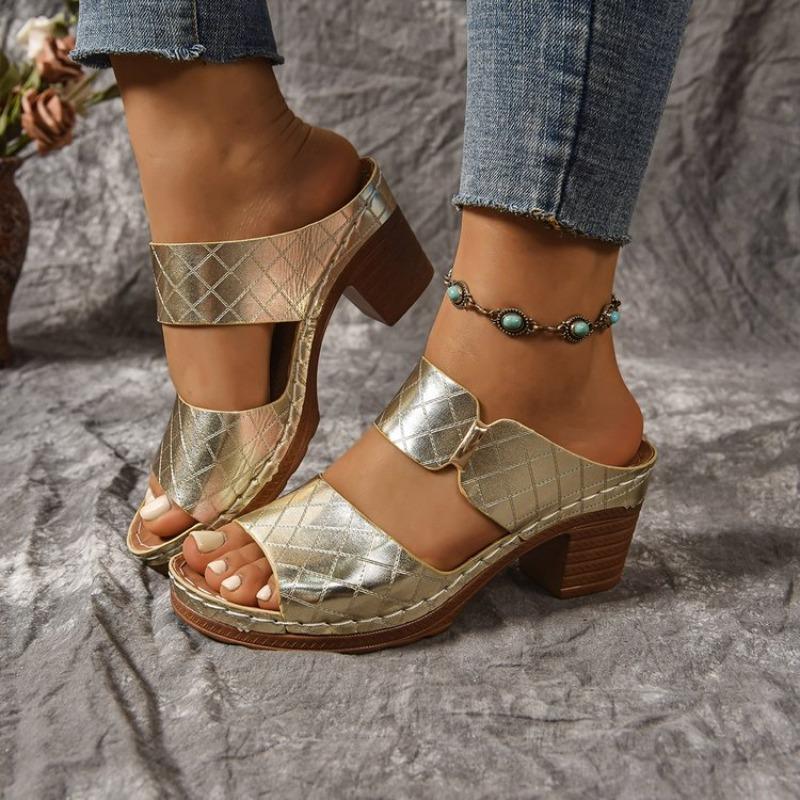 Fashion High Heel Sandals Women's Fashion Round Toe Open Toe Metal Buckle Platform Anti-slip Wear-resistant Block Heel Shoes