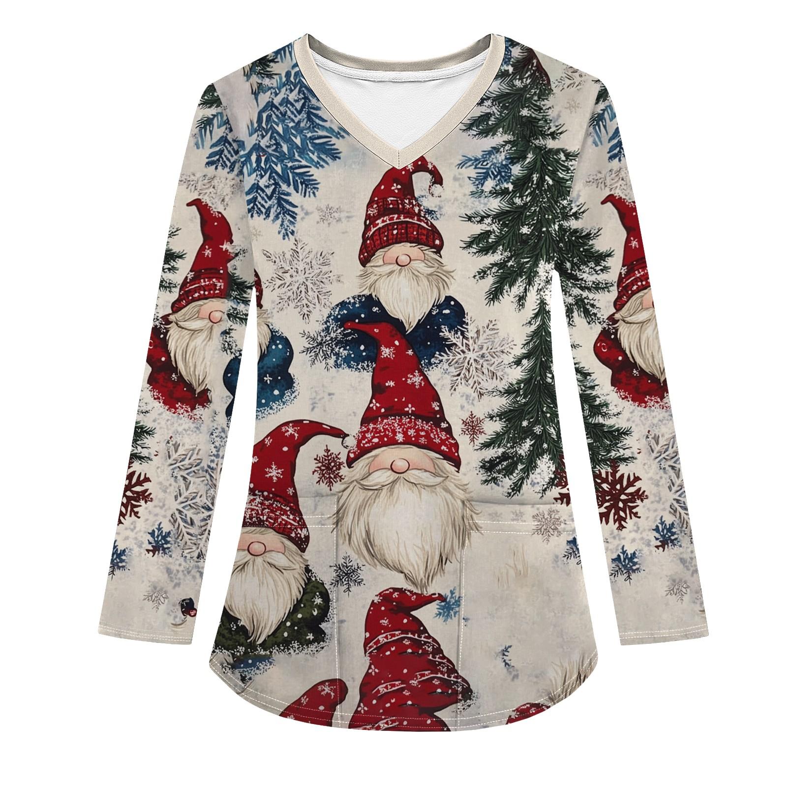 

Женская модная рабочая одежда с V-образным вырезом, длинным рукавом и карманом, рождественский принт, футболка, топ XXL белый