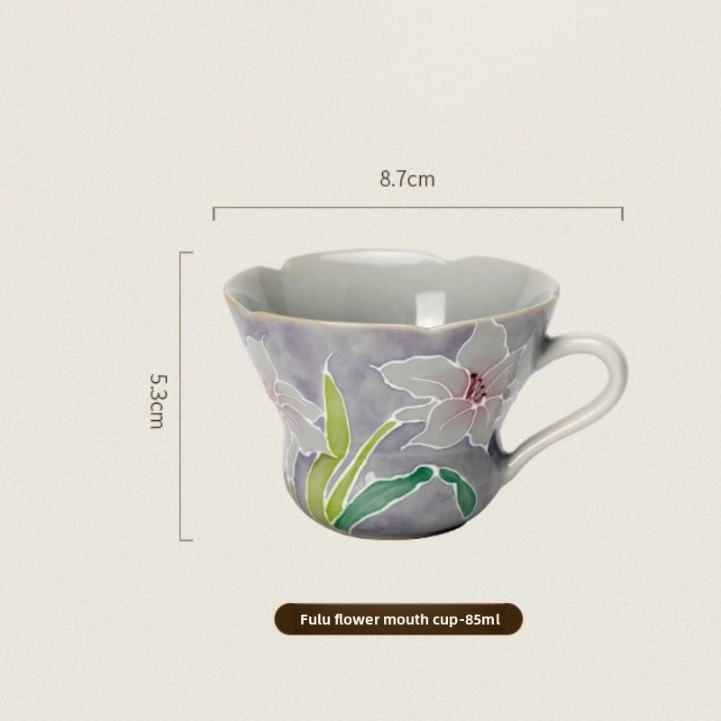 Misty Lavender Hand Painted Ceramic Tea Cup with Floral Pattern Heat Resistant Handle Chinese Style Tea Drinking Vessel
