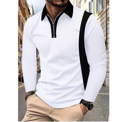 Frühlingskleidung für Herren, modische Poloshirts mit Kontrastfarbe, langen Ärmeln, Umlegekragen, weicher, atmungsaktiver, lässiger Pullover mit Reißverschluss