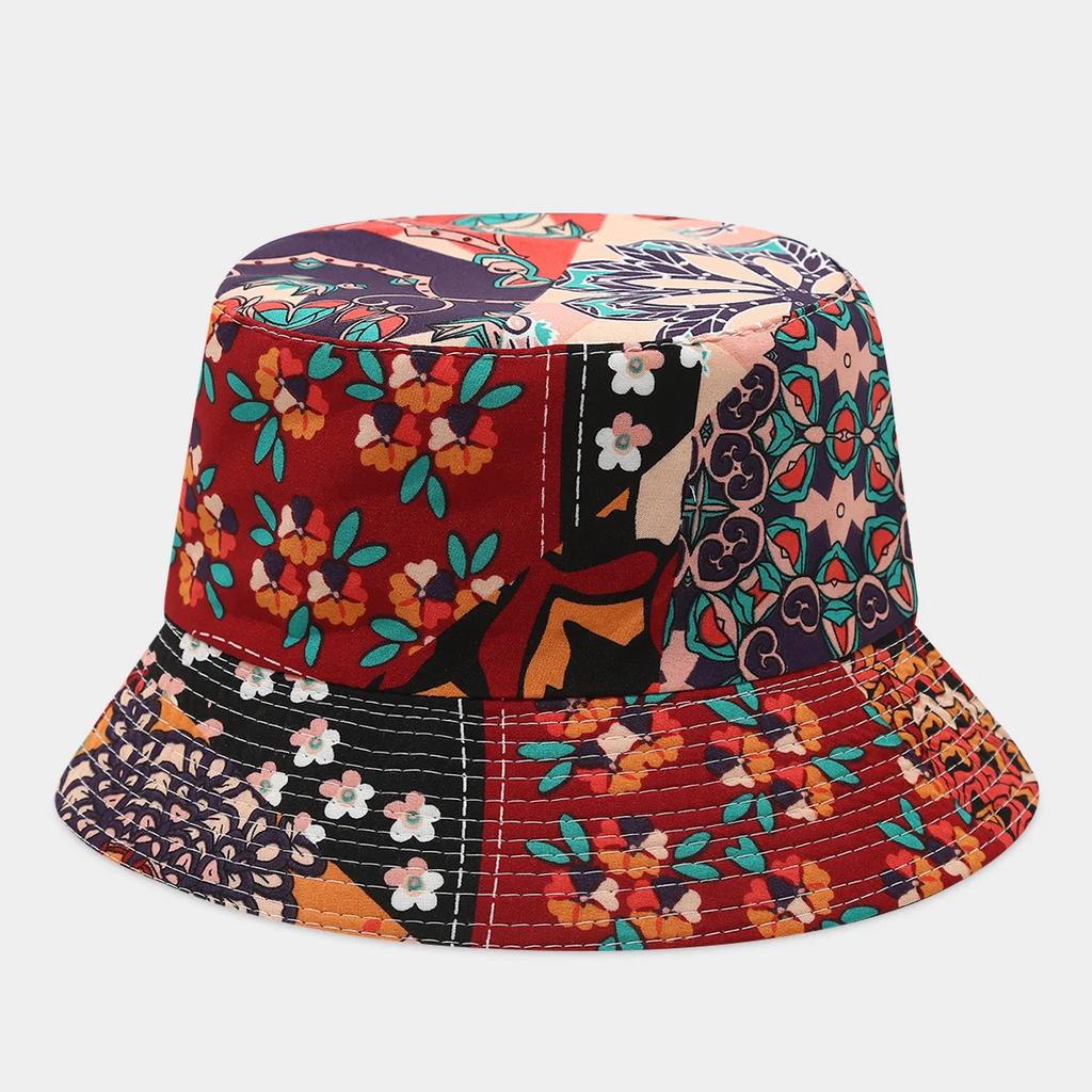 Boho style flower print double side sunscreen fisherman hat women fashionable outdoor sunshade retro sun beach bucket hat