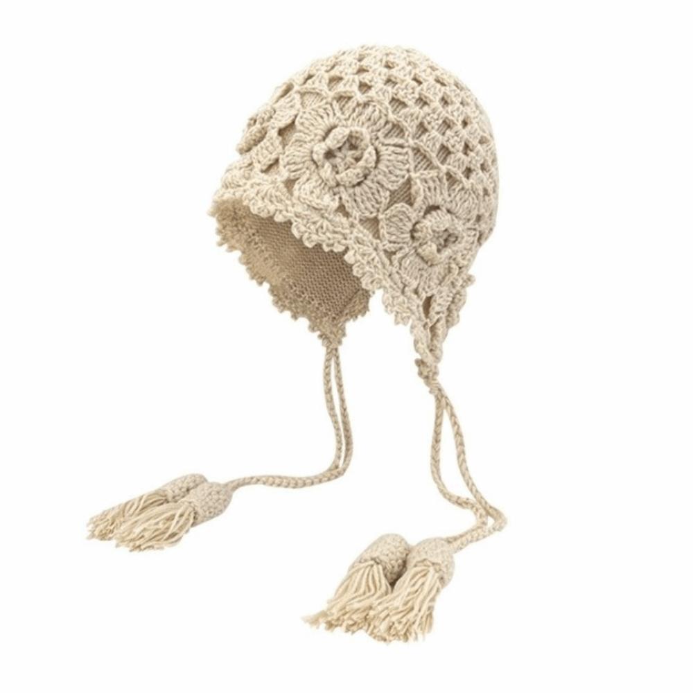 Fashion Hollowed-out Flower Bonnet Hat Hand Woven Long Tassel Pullover Hat Windproof Knitted Ear Protection Hat бежевый