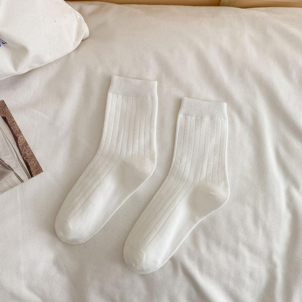 Leg Warmers - Pure Cotton Autumn/winter Mid-length Socks with School-style Vertical Stripes, Slightly Compressive and Slimming, White Long Socks.