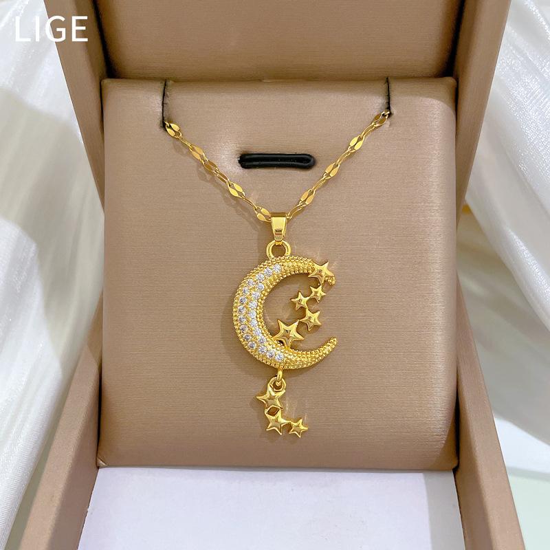 HY Gold Moon and Stars Necklace 316L Stainless Steel with Sparkling Diamonds Pendant 40+5cm золотой