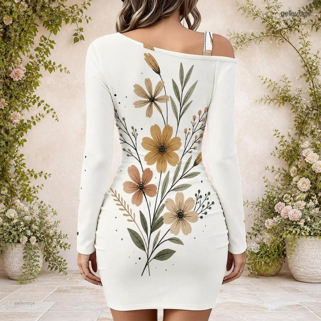 Plus Size Ladies Slanted Off Shoulder Long Sleeve A Line Dress