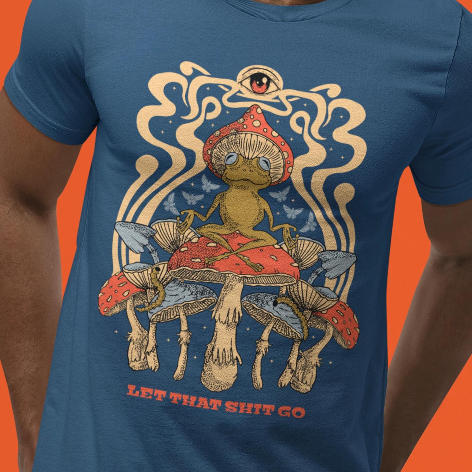 Meditating Frog & Mushrooms Tee, Meditation Tee, Cottagecore Mushroom Tee S