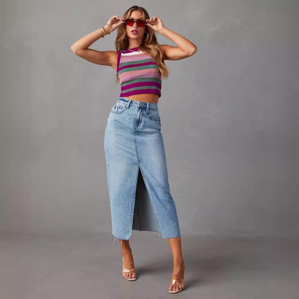 2024 Women's High Waist Washed Denim A-line Midi Skirt In European and American Style