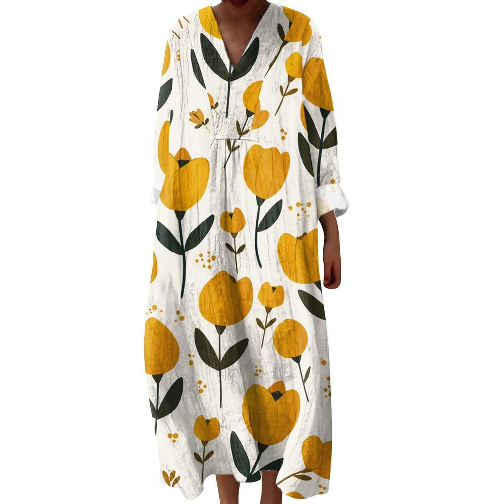 Women's Casual And Fashionable V-Veck Flower Print Long Sleeved Dress Long Sleeved Dress