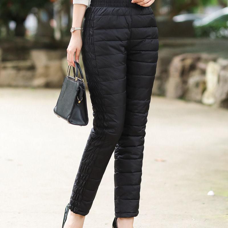 Autumn and Winter Plus Size Women's Solid Colour Padded Thickened Elastic Waist Hundred Warm Straight Elastic Solid Colour Casual Trousers